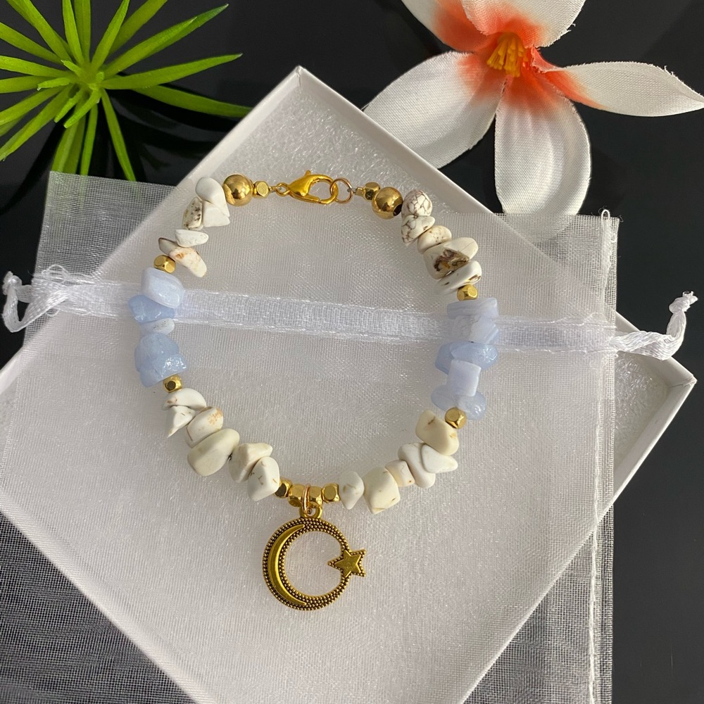 White Buffalo & Blue Lace Agate Chip Gemstone with Gold Plated Beads Charm